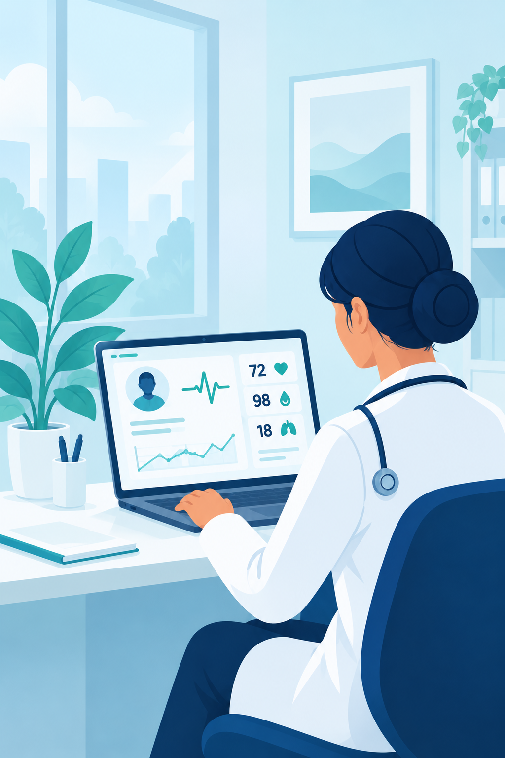 TeleCARE provider reviewing remote patient monitoring on a laptop